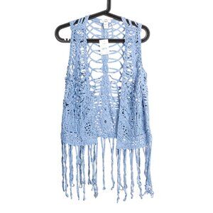 Cato Boho Crochet Vest M Womens Blue Fringe Indie Peasant Layering Hippie Earthy